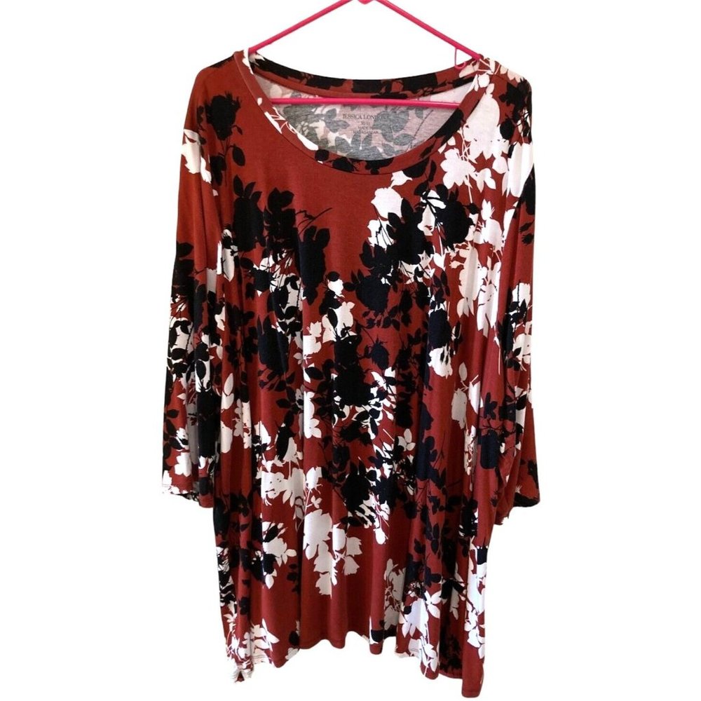 Jessica London Size 30/32 Tunic Top Sienna/Terra Cotta Black White Floral